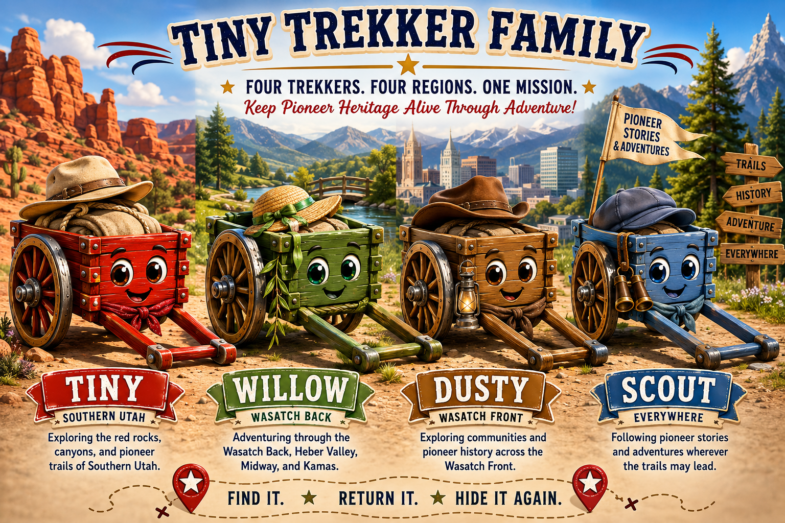 Tiny, Willow, Dusty, and Scout together in the Tiny Trekker family poster